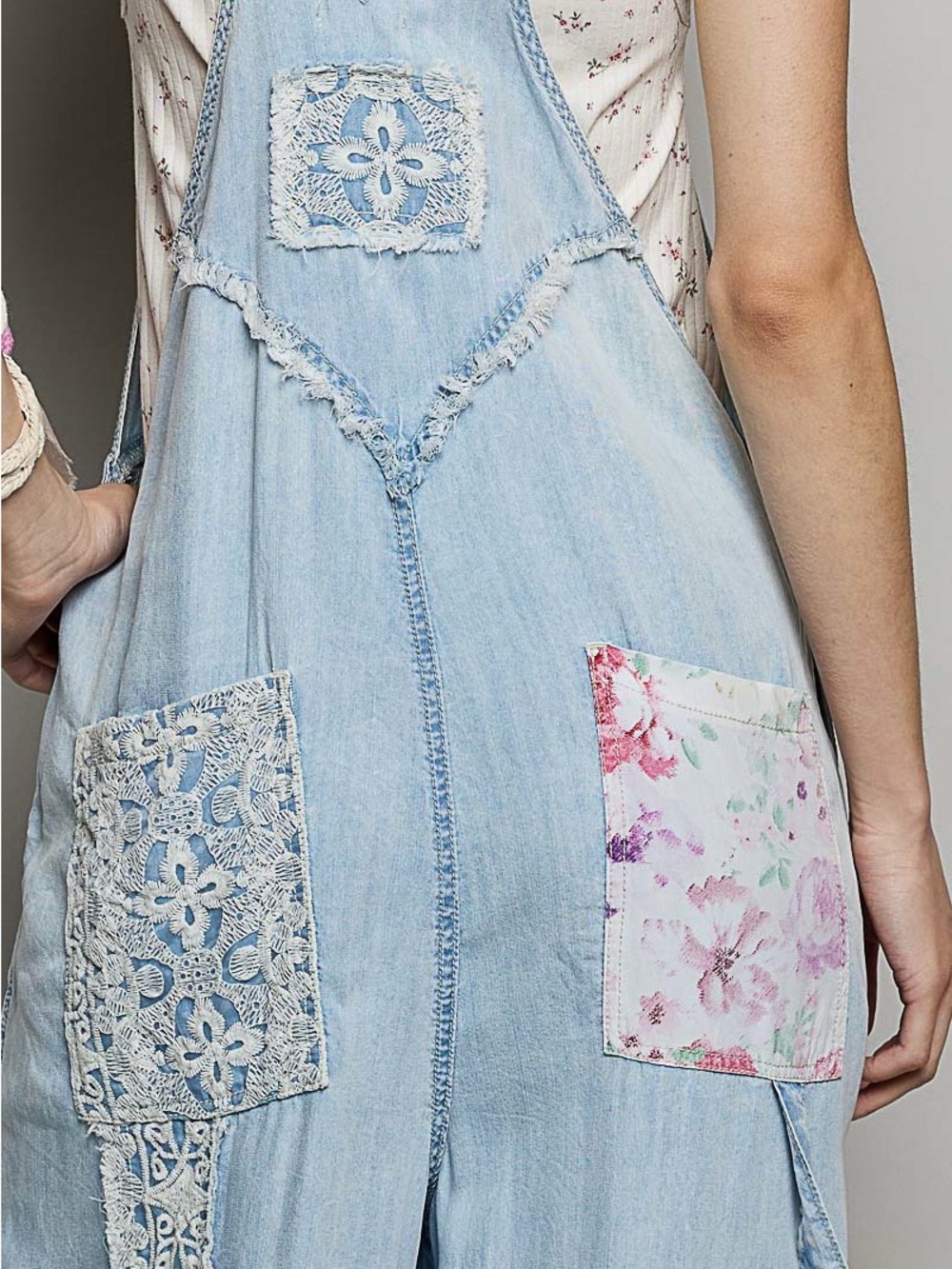 POL Light Blue Denim Patchwork Lace Jumpsuit with Pink Accents - Picture 8 of 8